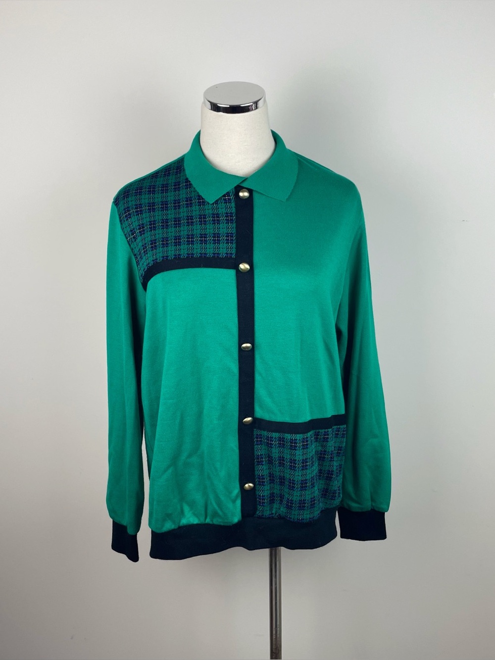 Alfred Dunner Green Black Navy Blue Plaid Collared Sweater Top Women Medium USA